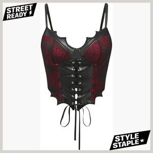 Small PU Leather Lace Up Corset Bustier Crop Top with Spiderweb Lace